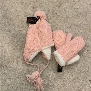 Pink and white Sherpa lined hat and mitten set